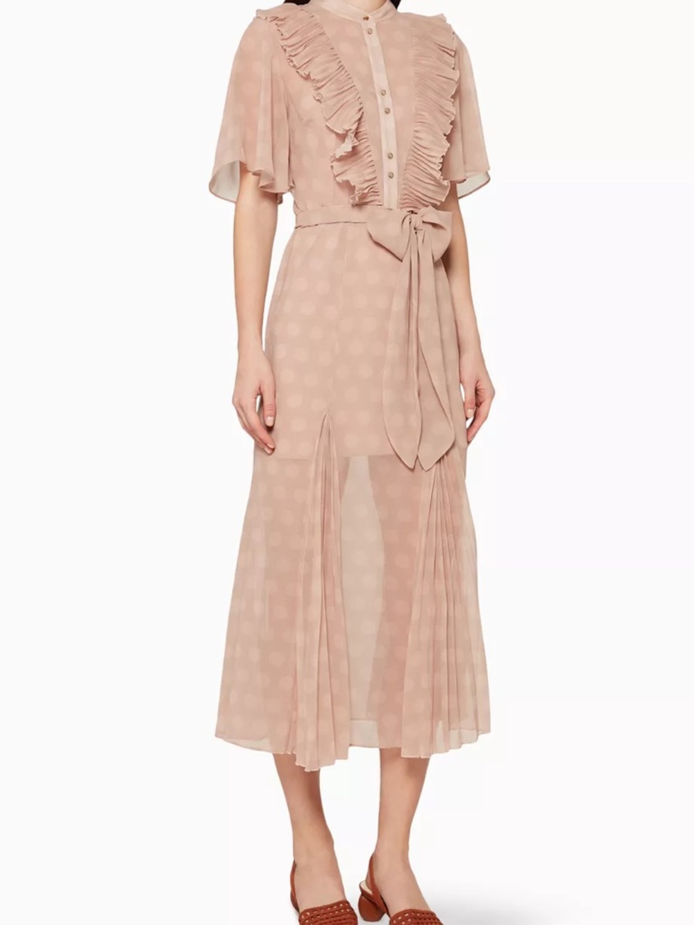 KEEPSAKE the Label Blush Polka-Dot Ruffle Tie-Waist Midi Dress